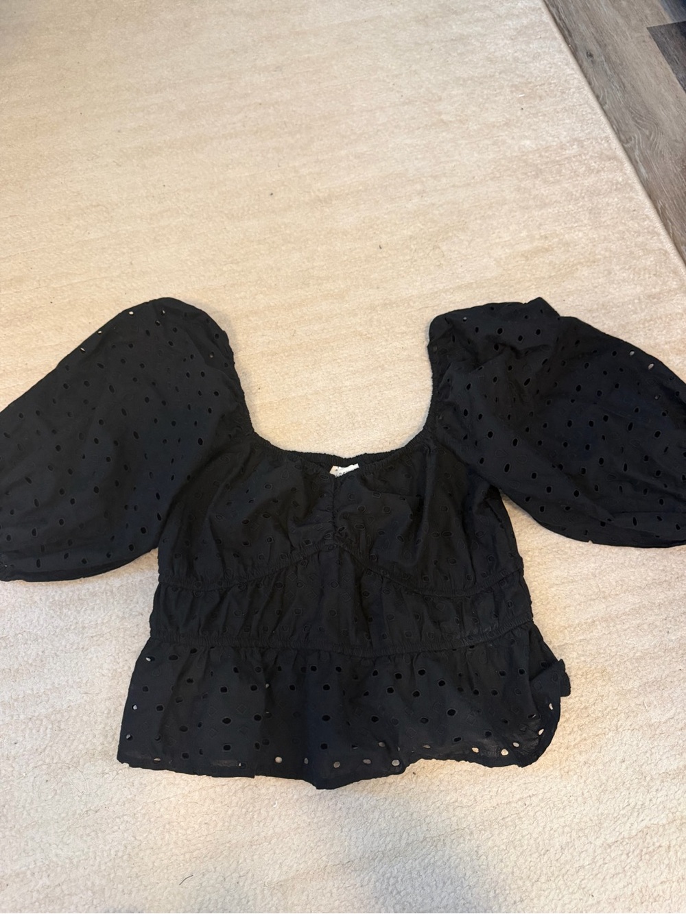 Black Puff-Sleeve Eyelet Peplum Top - Women